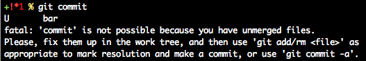 'git commit' with unresolved conflicts and advice